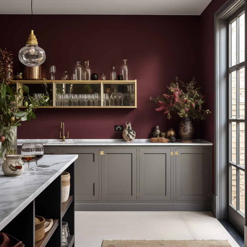 burgundy gray kitchen