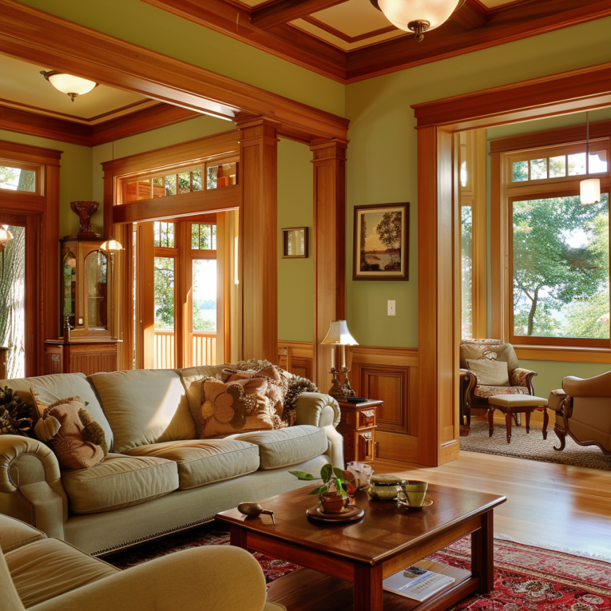 green living room with wood trim