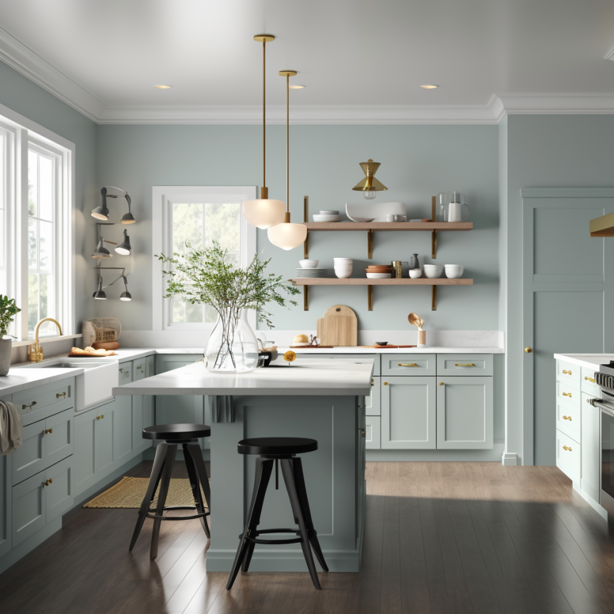 kitchen gray cabinets light blue walls