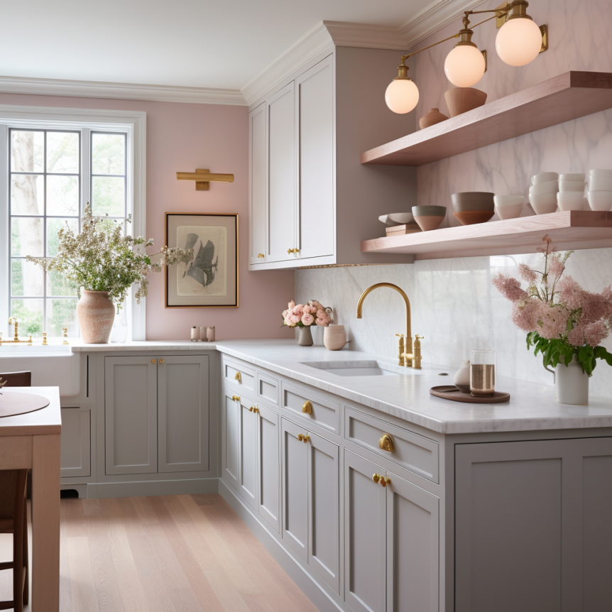 kitchen with gray cabinets pink walls