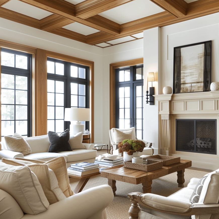 white walls wood trim living room