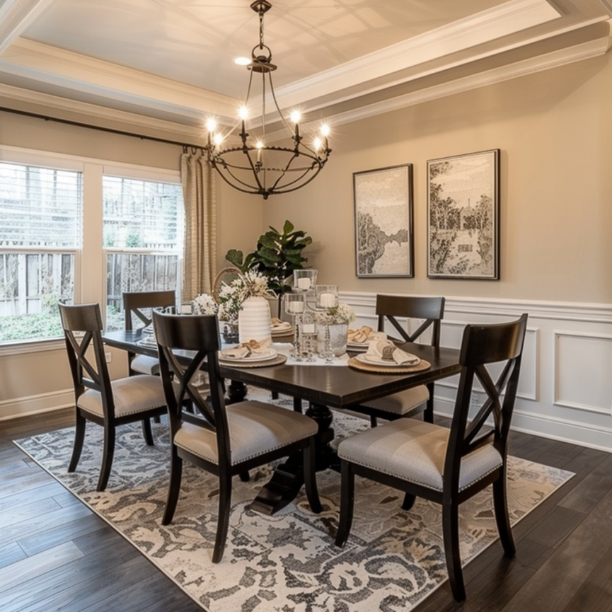 beige dining room with dark wood furniture