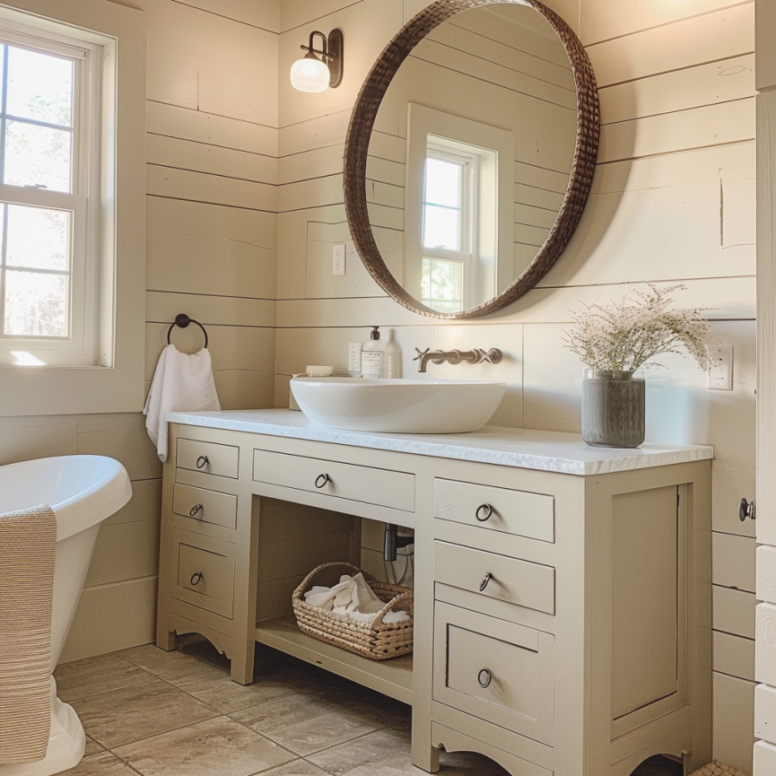 beige farmhouse bathroom
