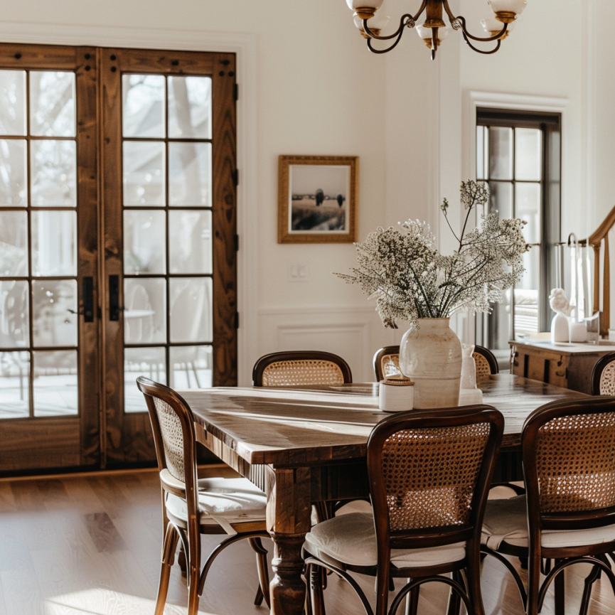 white dining room with dark funiture