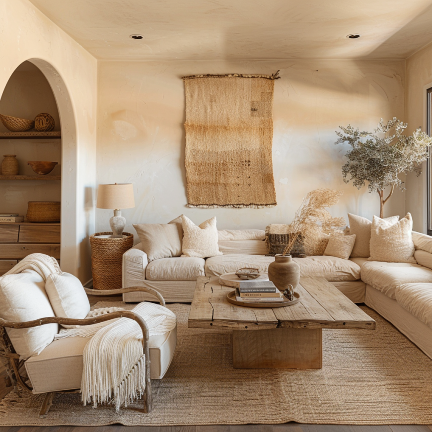 boho living room cream neutral walls