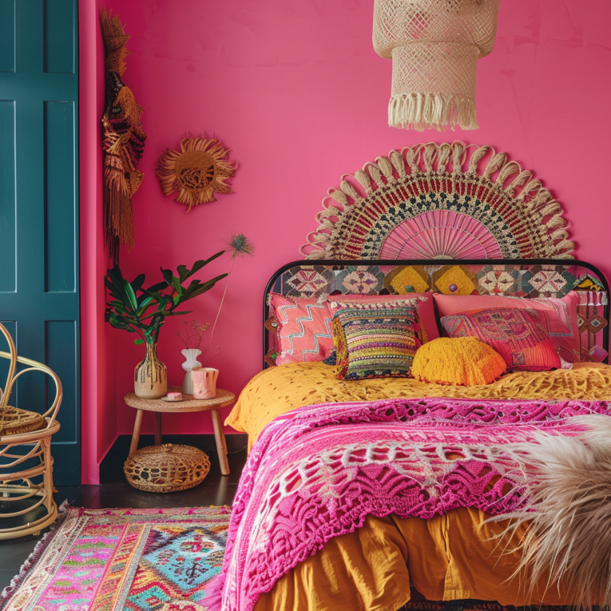 hot pink boho bedroom