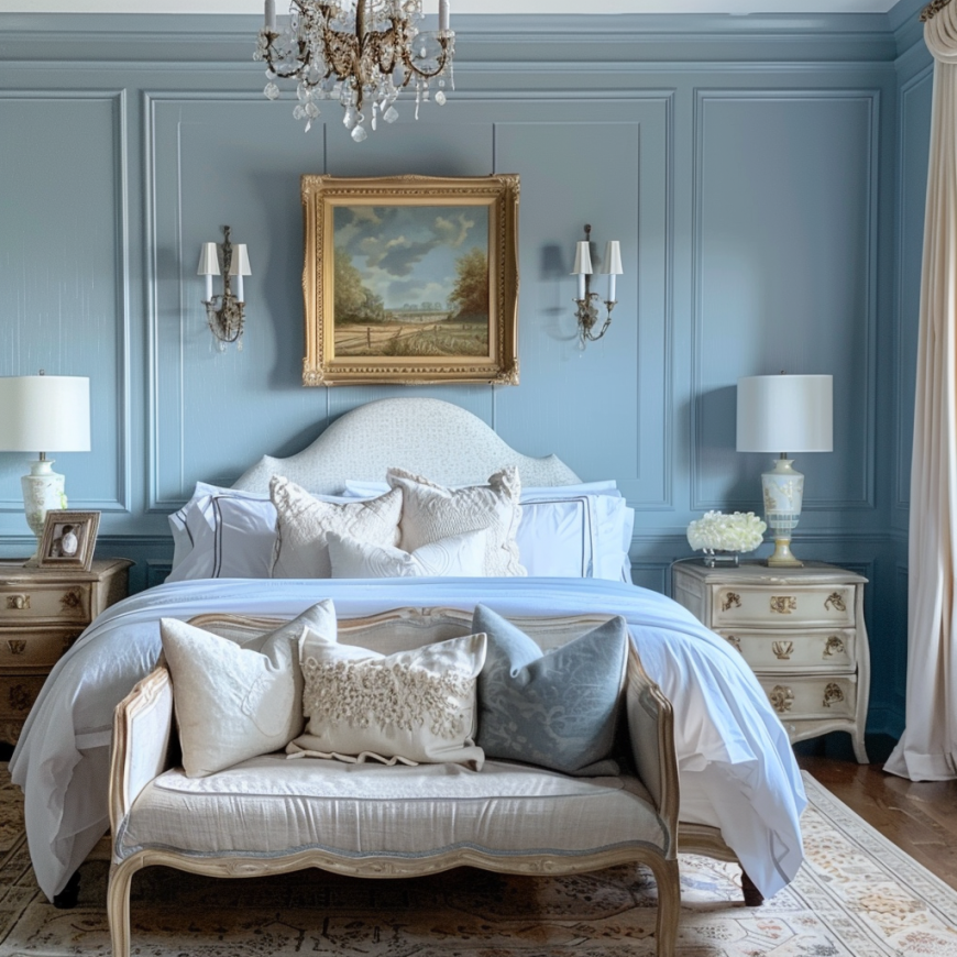 soft blue french country bedroom