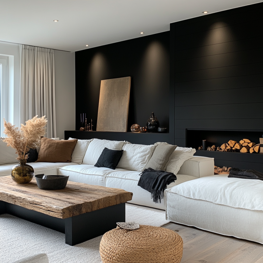 black accent wall living room