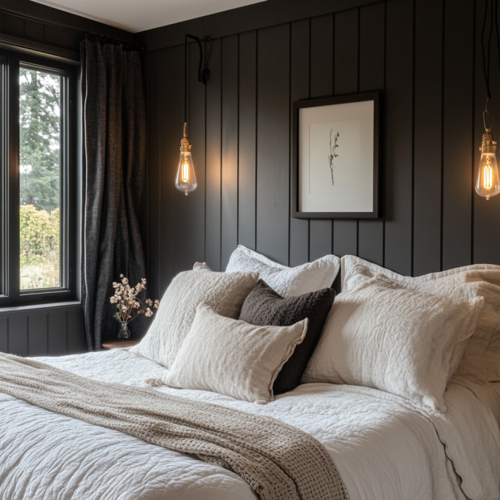 bedroom with dark gray walls