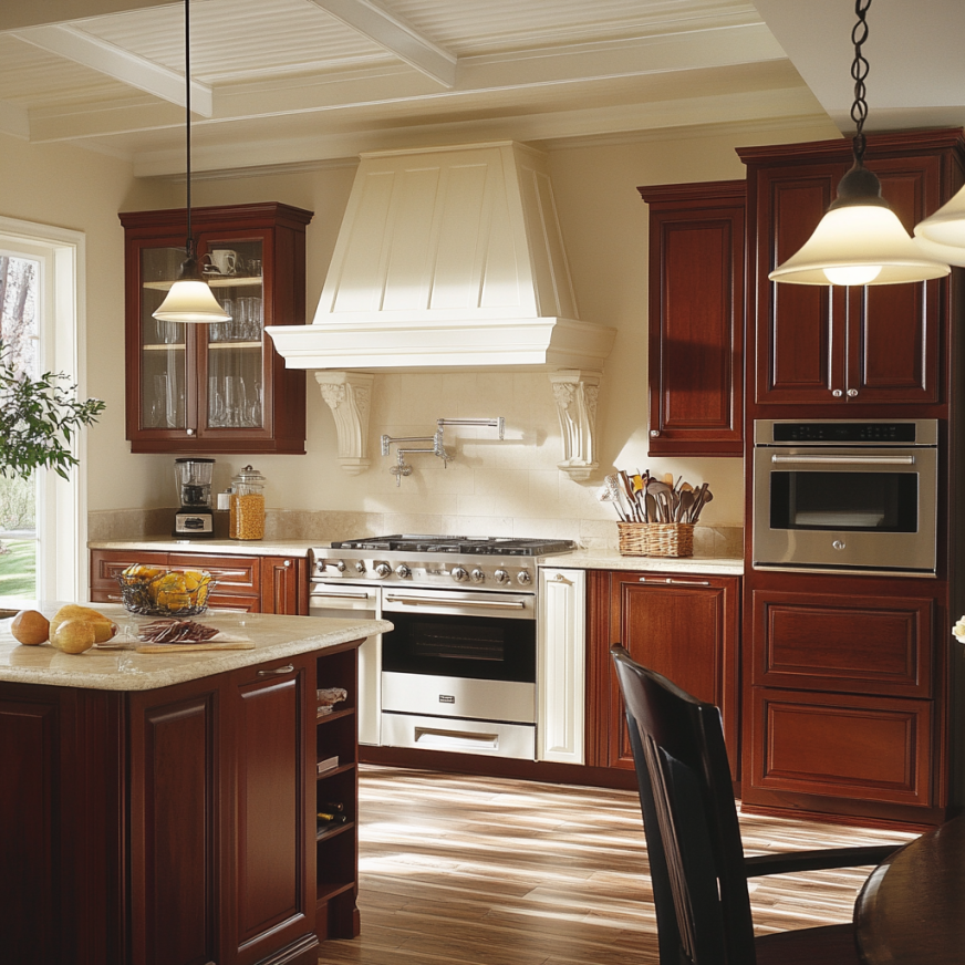 cherry kitchen with white walls