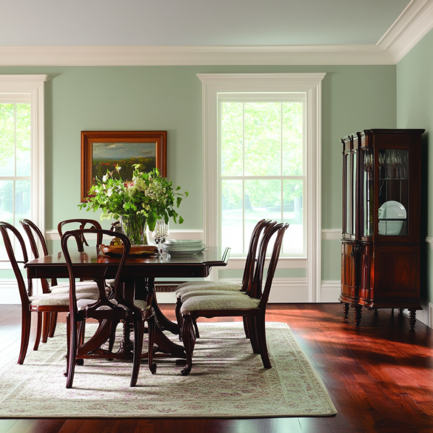 dining room with cherry wood furniture and light green walls