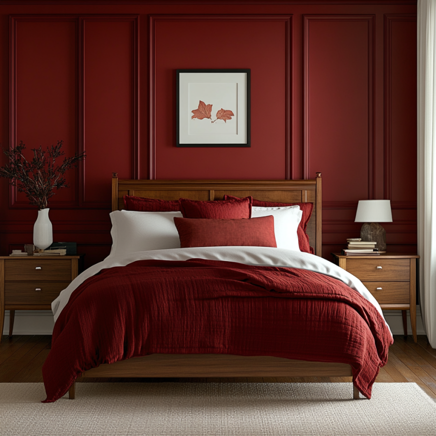 red bedroom with cherry wood furniture