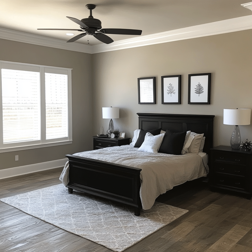 agreeable gray bedroom with dark funiture