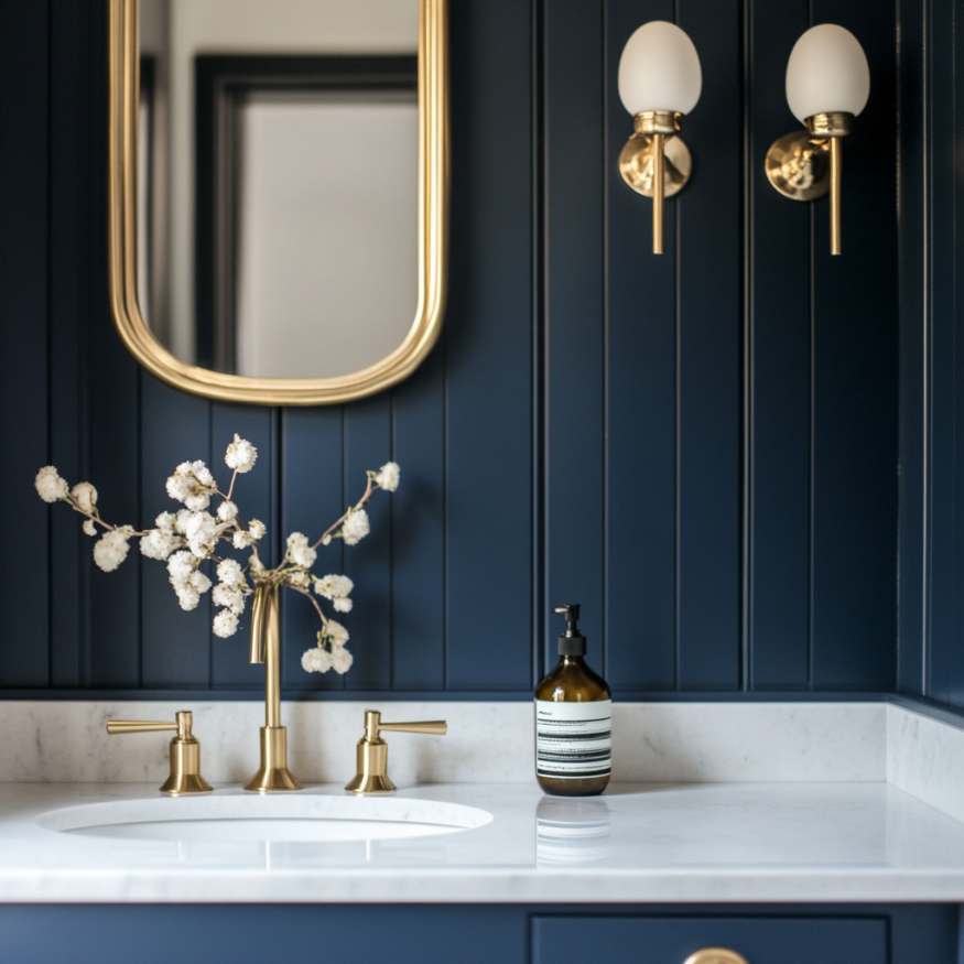 navy bathroom with gold fixtures