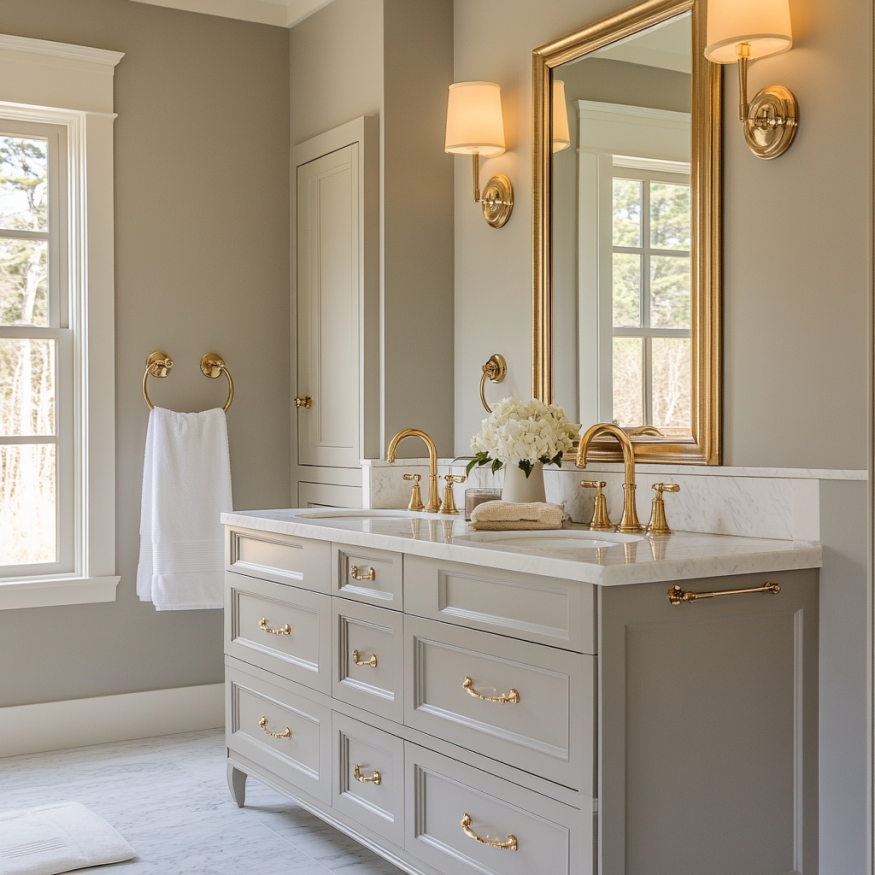 neutral bathroom with gold fixtures