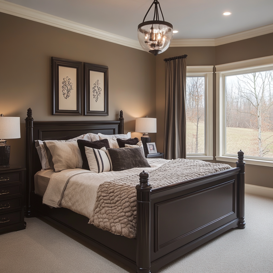 taupe walls dark furniture bedroom