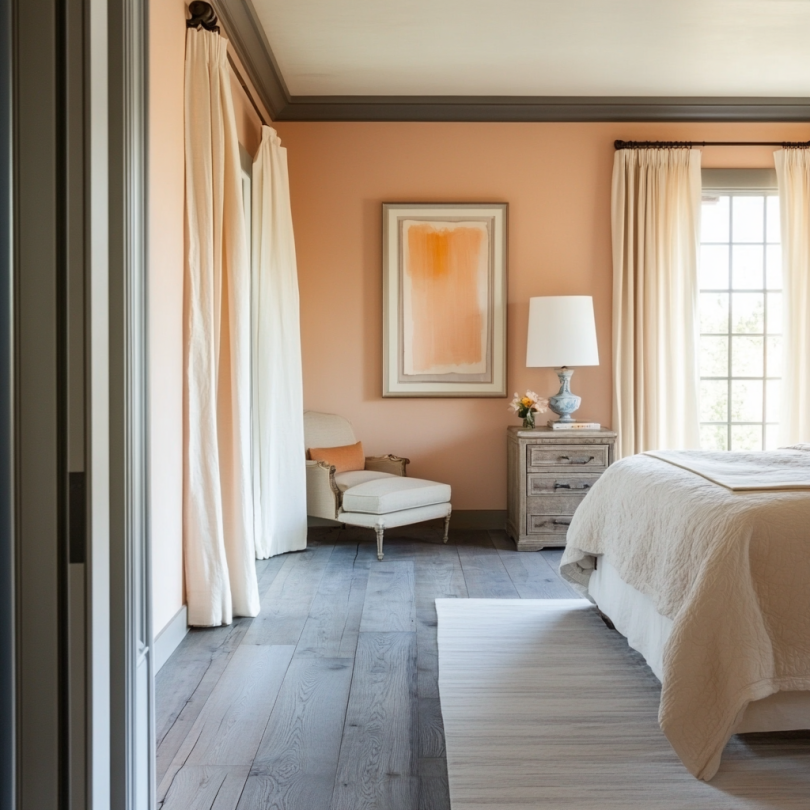 apricot bedroom with gray floors