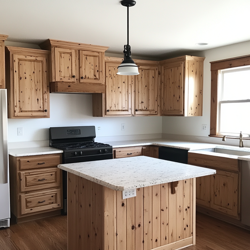 knotty pine cabinets with off white walls