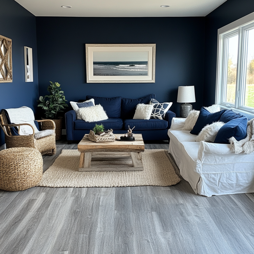 navy living room gray floors