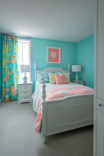 bright turquoise bedroom