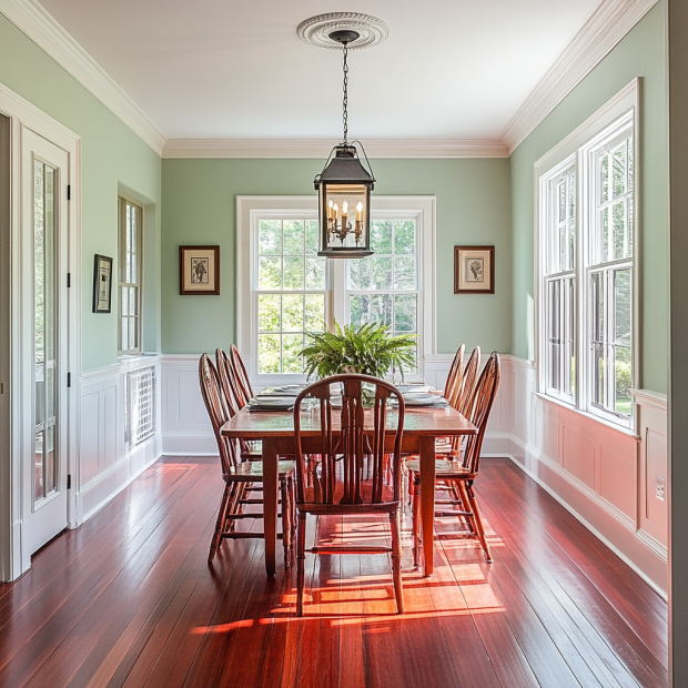 green dining room red floors