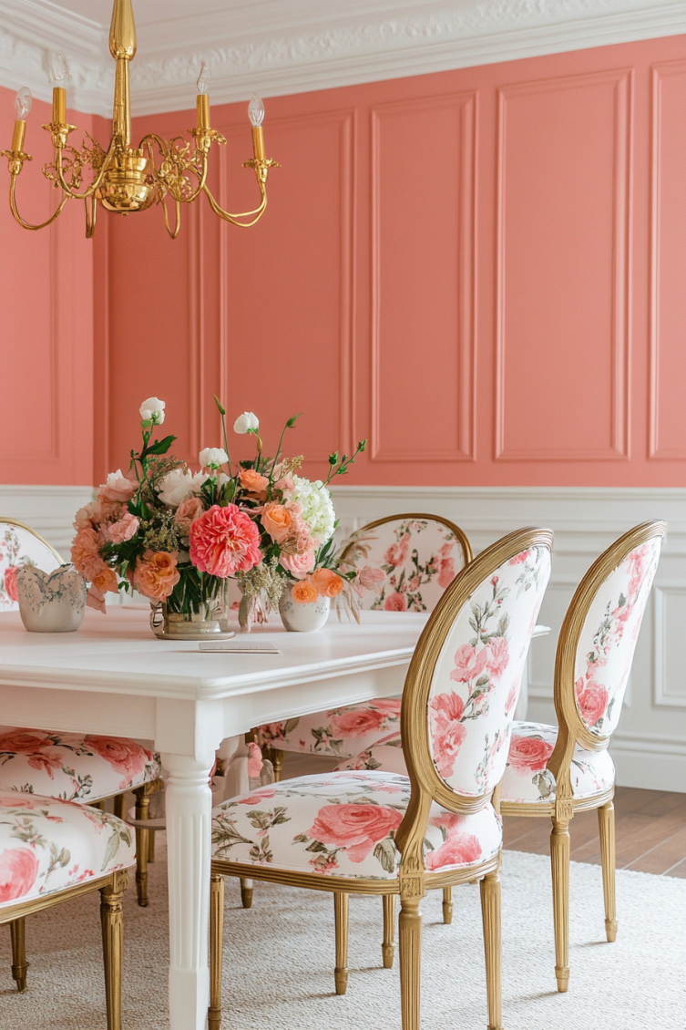 coral pink coquette style dining room
