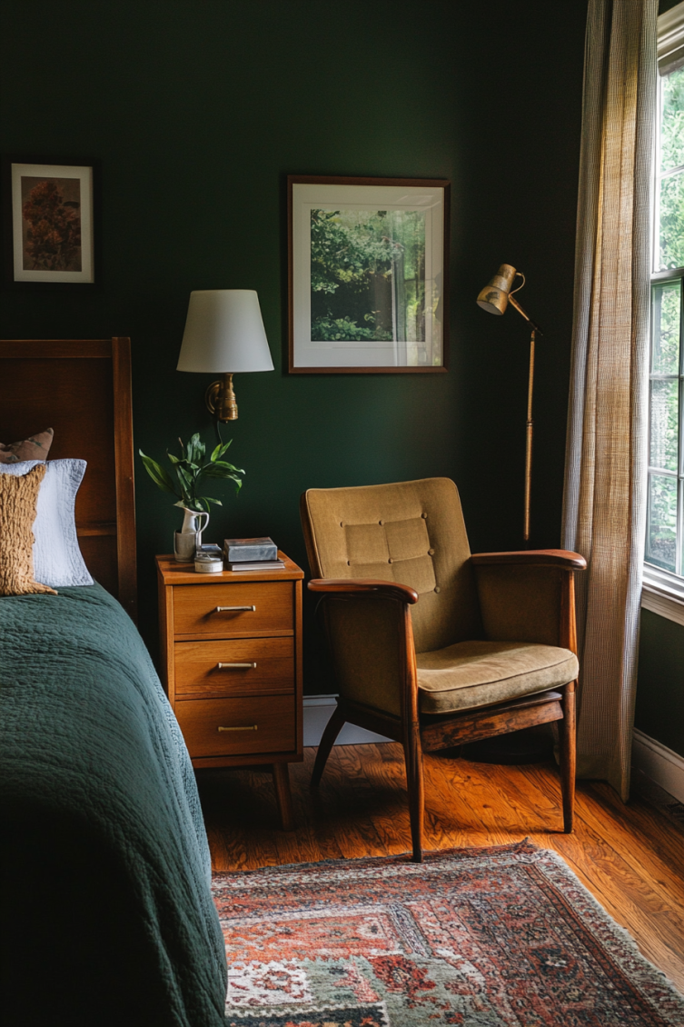 dark green nature inspired bedroom