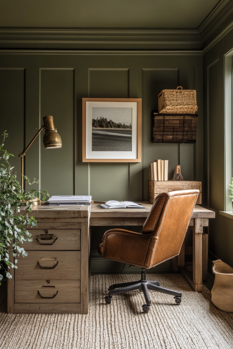 fisherman aesthetic home office olive green