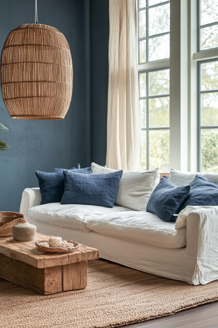 navy blue fisherman aesthetic living room