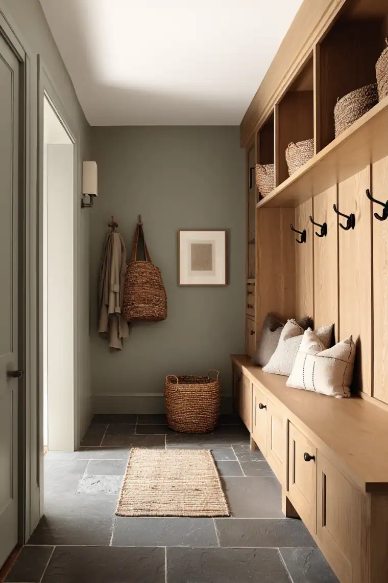 evergreen fog mudroom with oak cabinets
