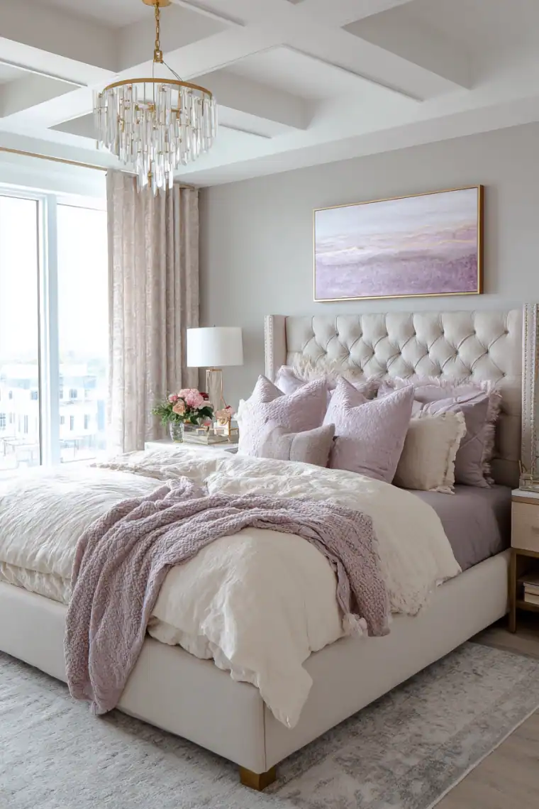 greige and purple bedroom