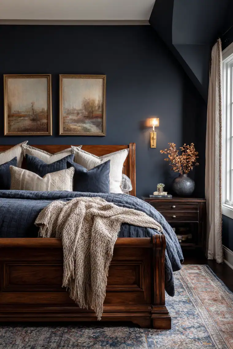 navy and beige bedroom