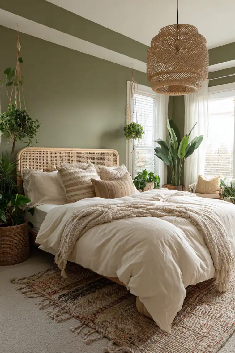 olive green and cream bedroom