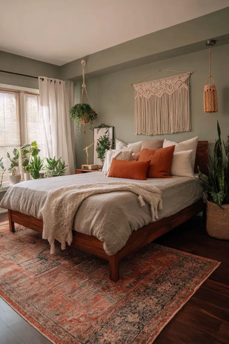 sage green and terra cotta bedroom